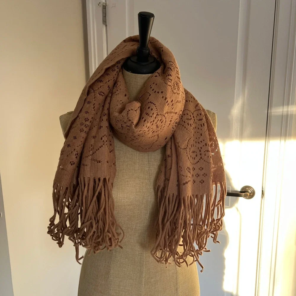 Elegant Tan Light Knit Scarf Shawl Wrap Fringe‎ Boho Festival Accessory